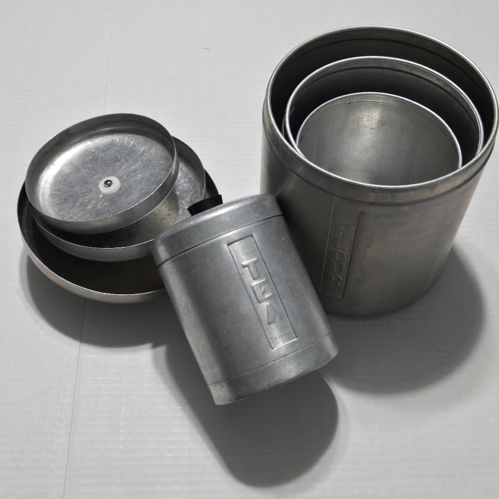 4 piece Canisters flour sugar coffee tea Aluminum Vintage Steelmasters Inc Italy